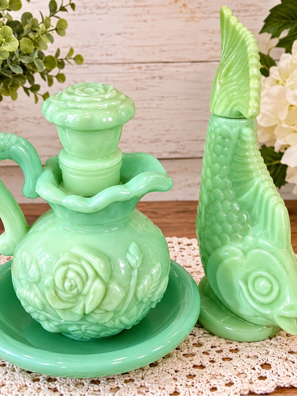 Vintage Jadeite Green Milk Glass Figural Fish Bottle & Covered Sugar Bowl Set
